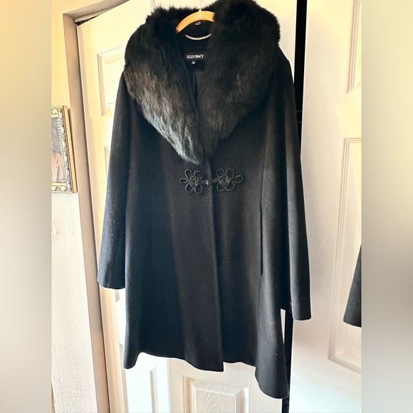 Ellen Tracy Black Pea Coat with Fur Collar - Picture 10 of 10